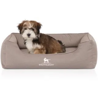 Knuffelwuff Orthopädisches Wasserabweisendes Hundebett Leon aus Velours mit Handwebcharakter beige/ grau M-L