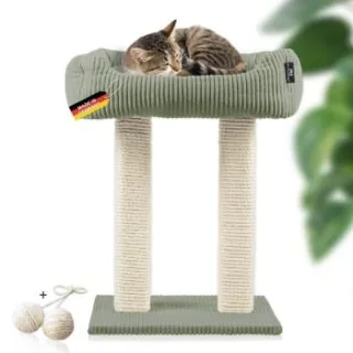 Rohrschneider ® moderner Kratzbaum, Kratzsäulen aus Vollholz, Katzenbett mit Wendekissen grün