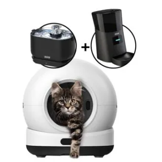Zedar Selbstreinigende Katzentoilette - Trinkbrunnen für Katze Kabellos - futterautomat für katzen - K1200 PRO + A600 + WF600