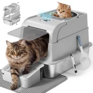 FEANDREA Katzenklo Edelstahl, geschlossen Katzentoilette, 2 Eingänge hellgrau