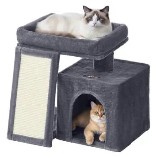 FEANDREA Kratzbaum, Katzenbaum mit Kratzrampe und Plattform, Katzenkratzbaum mit Höhle dunkelgrau