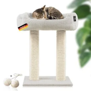 Rohrschneider ® moderner Kratzbaum, Kratzsäulen aus Vollholz, Katzenbett mit Wendekissen beige
