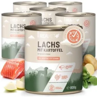 REAVET Hundenassfutter - Lachs mit Kartoffeln an Spinat & Birne | 6 x 800g