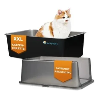 Lucky-Kitty Katzentoilette XXL (Edelstahl Schwarz) + Haube (Schwarz transparent)