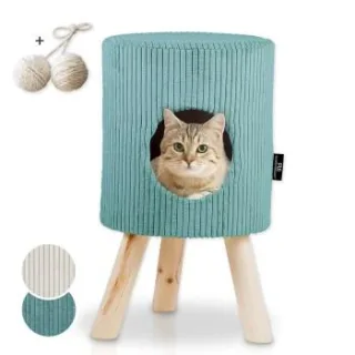 Rohrschneider ® Tierhöhle Cord mit Holz-Füße inkl. Gratis-Spielkugel 2er-Set türkis