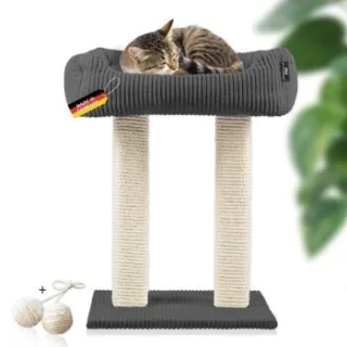 Rohrschneider ® moderner Kratzbaum, Kratzsäulen aus Vollholz, Katzenbett mit Wendekissen dunkelgrau