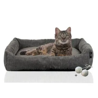 Rohrschneider ® Katzenbett waschbar mit Gratis-Beigabe, robuster Breit-Cordstoff grau