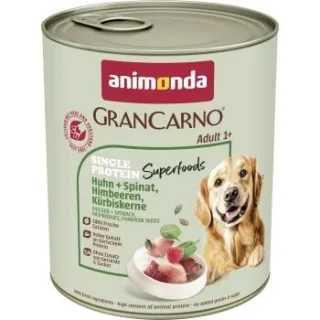 animonda GranCarno Single Protein Superfoods Nassfutter Hund Adult, Huhn und Spinat, Himbeeren, Kürbiskerne 6x800 g