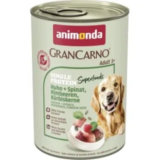 animonda GranCarno Single Protein Superfoods Nassfutter Hund Adult, Huhn und Spinat, Himbeeren, Kürbiskerne 24x400 g