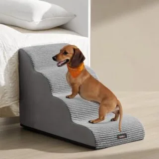 FEANDREA Hundetreppe, 2/3/4Stufen, Cord mit Querstreifen, wasserdicht, rutschfest, abnehmbarer waschbarer Bezug hellgrau XL