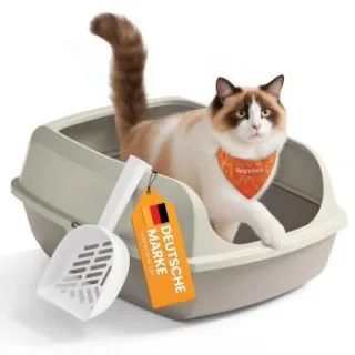 FEANDREA Katzenklo mit hohen Seitenwänden,XXL offene Katzentoilette, mit Schaufel beige