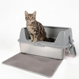 All for paws Edelstahl-Katzentoilette mit Streumatte & Schaufel grau
