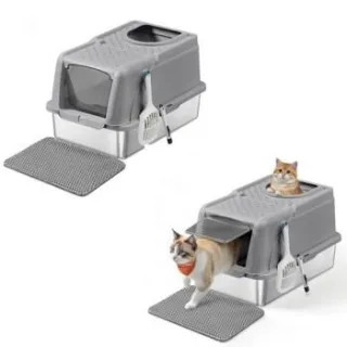 FEANDREA 2er Edelstahl Katzentoilette XL mit Deckel 2 Eingängen grau