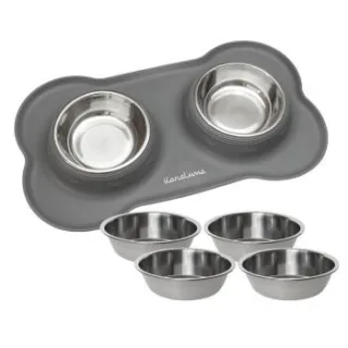KaraLuna Doppelnapf Napfunterlage mit 4x Napf grau M