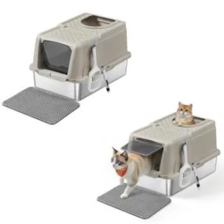 FEANDREA 2er Edelstahl Katzentoilette XL mit Deckel 2 Eingängen beige