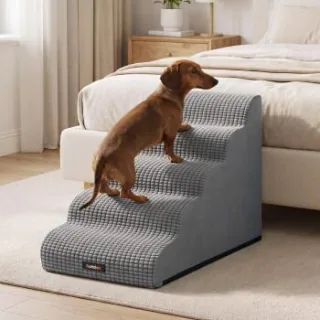 FEANDREA Hundetreppe, 2/3/4/5 Stufen, Sanfte Neigung, Schaumstoff Treppenhilfe für Hunde/Katzen hellgrau XXL