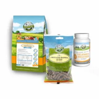 Bellfor Welpenfutter Set für große Rassen - Wiesen-Schmaus Junior 4 kg + Freiland-Happen 200g + Gelenke & Knochen Kapseln 30 Stück mit Ovopet 60g