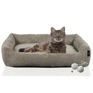 Rohrschneider ® Katzenbett waschbar mit Gratis-Beigabe, robuster Breit-Cordstoff taupe