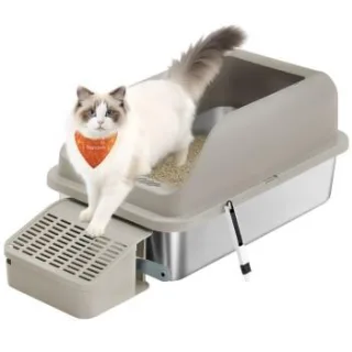FEANDREA Katzenklo Edelstahl XXL, Offene Katzentoilette mit Schaufel, für Große Katzen