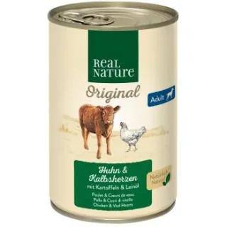 REAL NATURE Nassfutter Hund, Adult, Kalbsherzen und Huhn 12x400 g