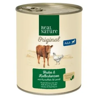 REAL NATURE Nassfutter Hund Adult Kalbsherzen und Huhn 12x800 g